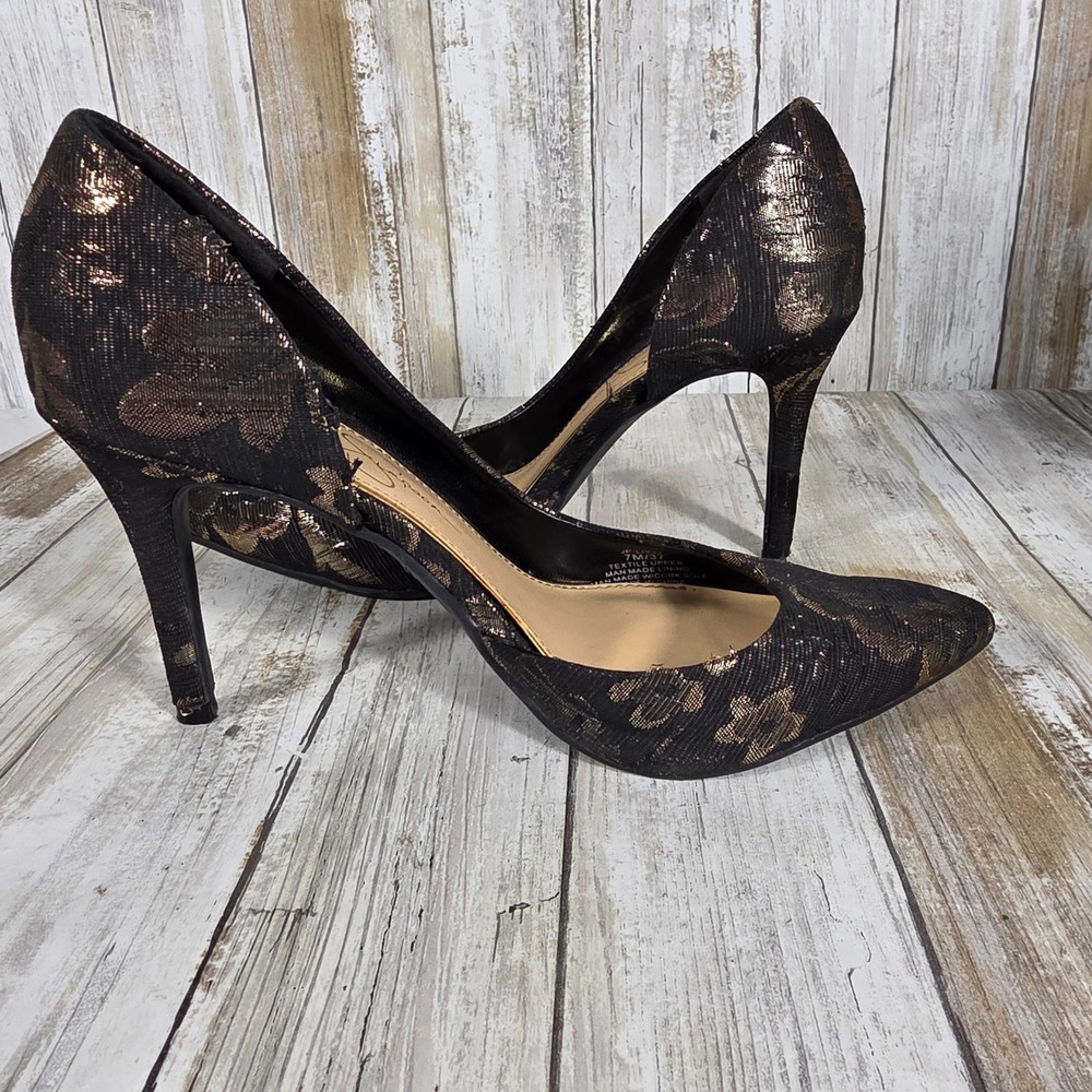 Jessica Simpson Womens 7M Black Bronze Metallic Floral Brocade d'Orsay Pumps